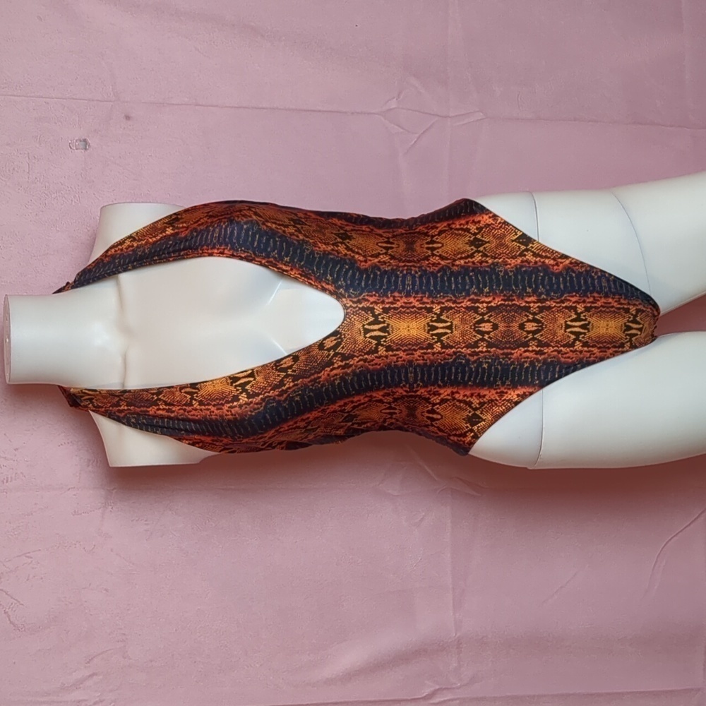 Nasty Gal Morning Sun Snake Print Orange Plunge Neck Halter One Piece Swimsuit 6